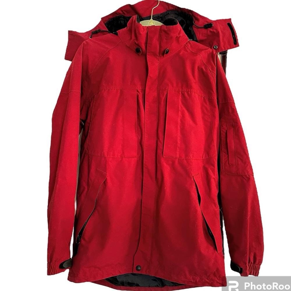 Eddie Bauer Jacket Weatherproof Red & Black 7 Pockets Detachable Hood Sz Small